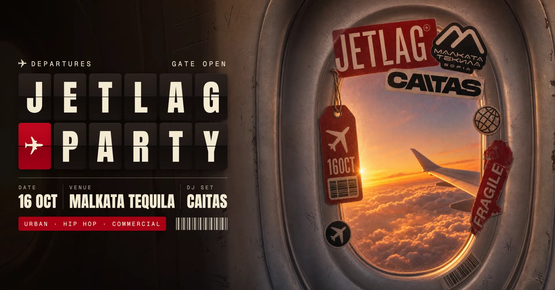 JET LAG party flyer: 16 October at Malkata Tequila, CAITAS, Urban, Hip Hop and Commercial